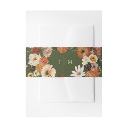 Fall Green Boho Floral Monogram Wedding Invitation Belly Band