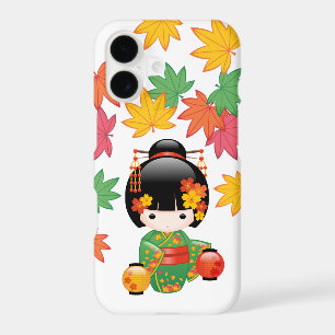 Fall Green Kimono Kokeshi Doll Maple Leaves