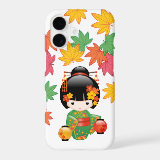 Fall Green Kimono Kokeshi Doll Maple Leaves
