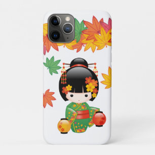 Fall Green Kimono Kokeshi Doll Maple Leaves iPhone 11 Pro Case