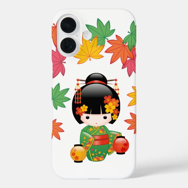 Fall Green Kimono Kokeshi Doll Maple Leaves Case-Mate iPhone Case (Back)
