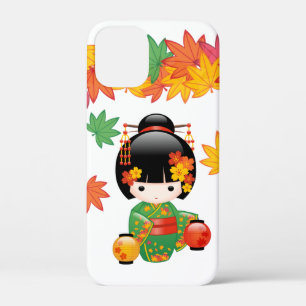 Fall Green Kimono Kokeshi Doll Maple Leaves iPhone 12 Mini Case