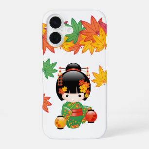 Fall Green Kimono Kokeshi Doll Maple Leaves iPhone 16 Case
