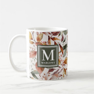 Fall Green Orange Leaves Watercolor Monogram Coffee Mug