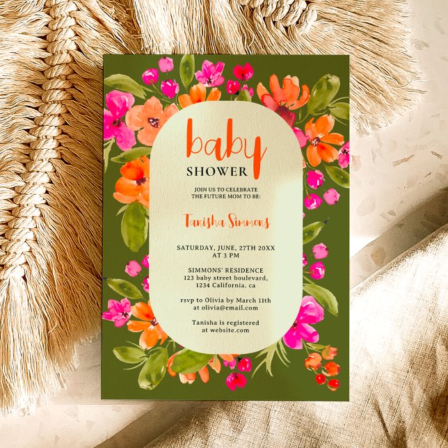 Fall green orange pink floral script baby shower invitation (Fall boho pink orange floral script baby shower invitation on green)