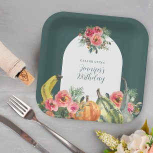 Fall Green Pumpkins Pink Floral Birthday Party Paper Plate