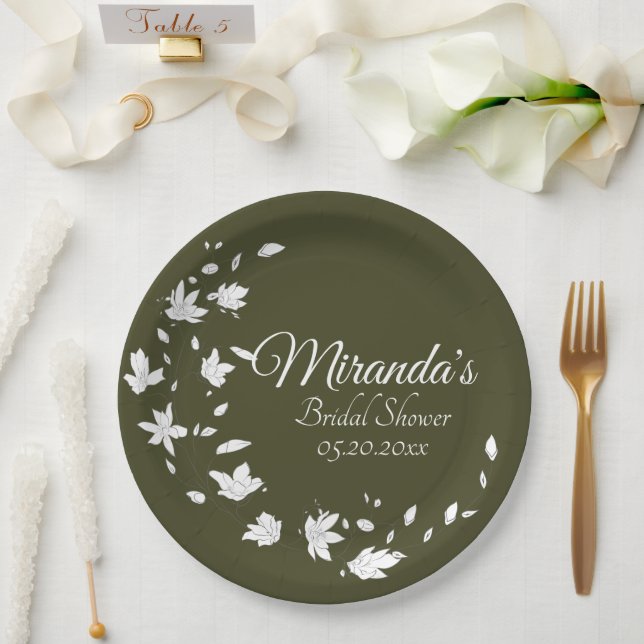 Fall Green & White Floral Bridal Shower  Paper Plate (Wedding)