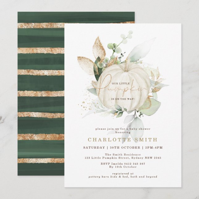 Fall Greenery Gold Pumpkin Couples Baby Shower Invitation (Front/Back)