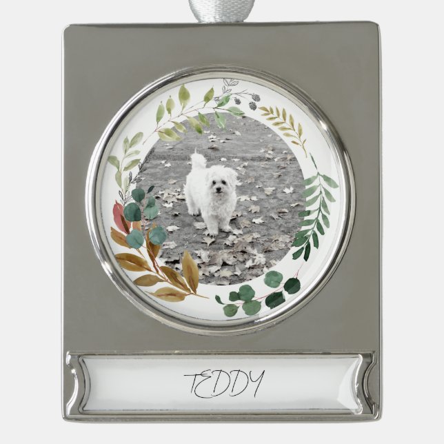 Fall Greenery Photo Name Timeless Keepsake  Silver Plated Banner Ornament (Front)