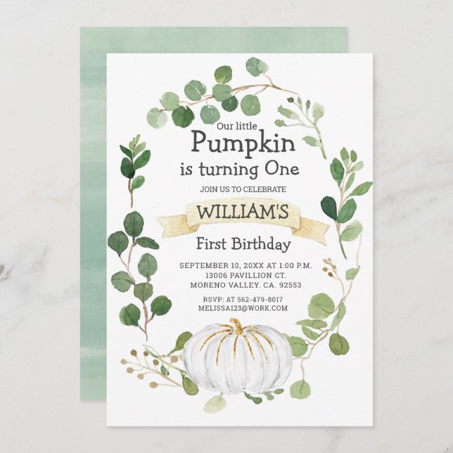 Fall Greenery Pumpkin Boy First Birthday  Invitation (Front/Back)
