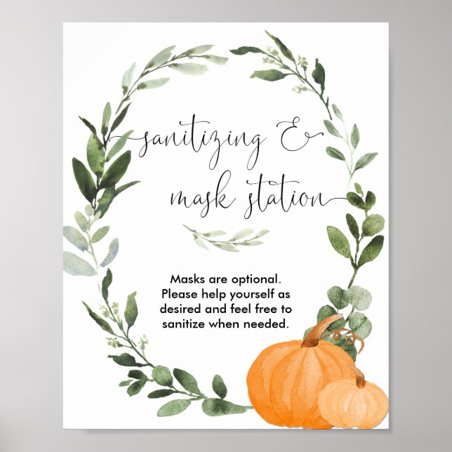 Fall greenery pumpkin sanitising mask station sign (Front)