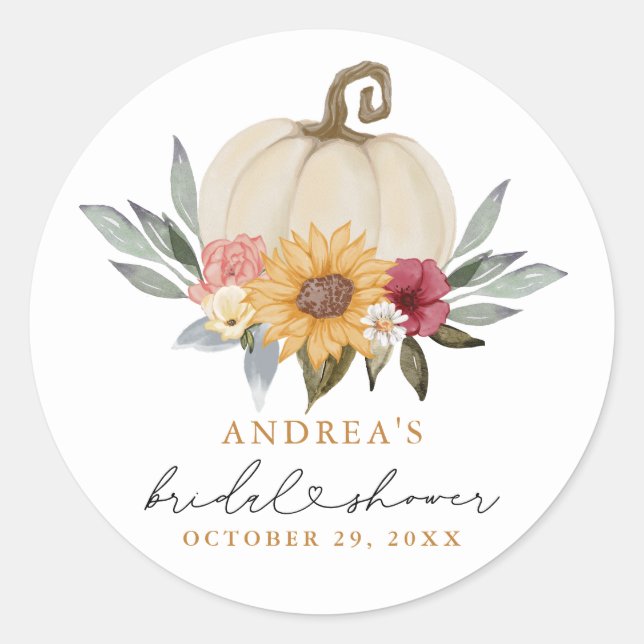 Fall Greenery Pumpkin Sunflower Bridal Shower Classic Round Sticker (Front)