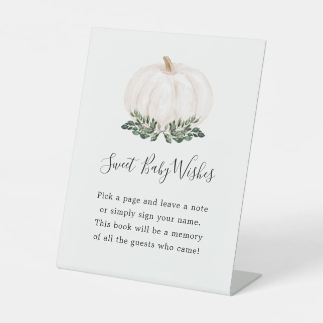 Fall Greenery White Pumpkin Sweet Baby Wishes Pedestal Sign (Front)