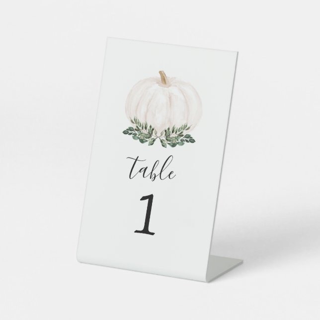 Fall Greenery White Pumpkin Table Number Pedestal Sign (Front)