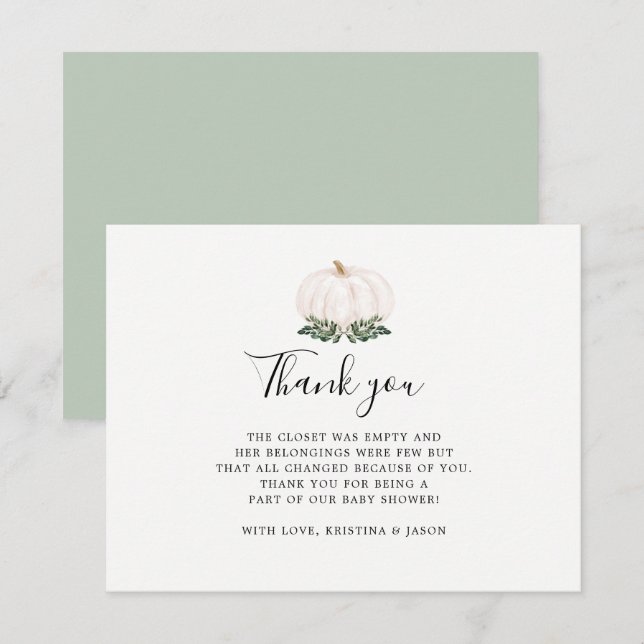 Fall Greenery White Pumpkin Thank You Note Cards (Front/Back)