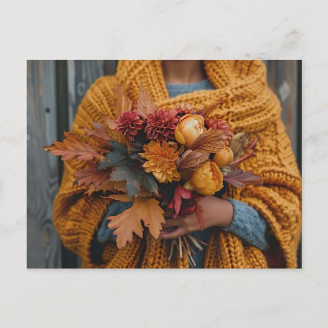 fall greeting card woman holding fall flowers (Front)