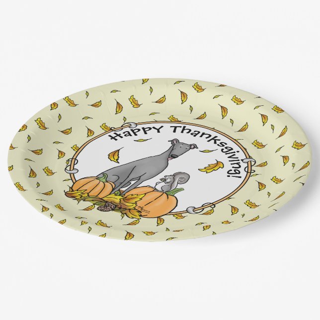 Fall Greyhound (grey) Dog Pumpkins Leaves Funny Paper Plate (Angled)
