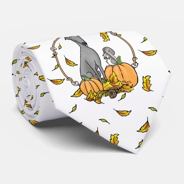 Fall Greyhound (grey) Dog Pumpkins Leaves Funny Tie (Rolled)