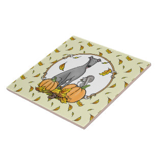 Fall Greyhound (grey) Dog Pumpkins Leaves Funny Tile