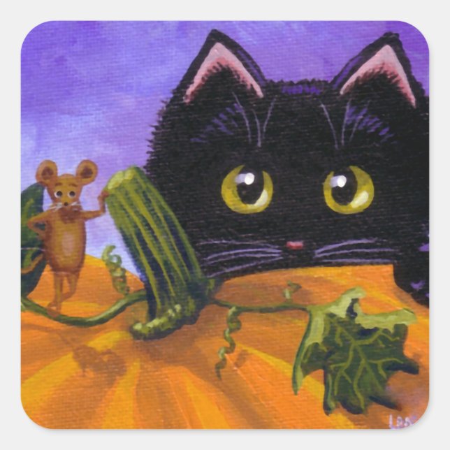 Fall Halloween Black Cat Mouse Creationarts Square Sticker (Front)