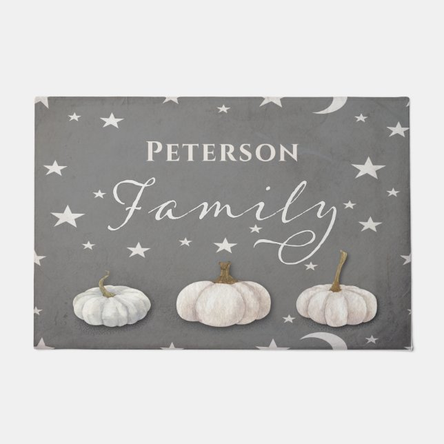 Fall Halloween Grey White Pumpkin Family Monogram Doormat (Front)
