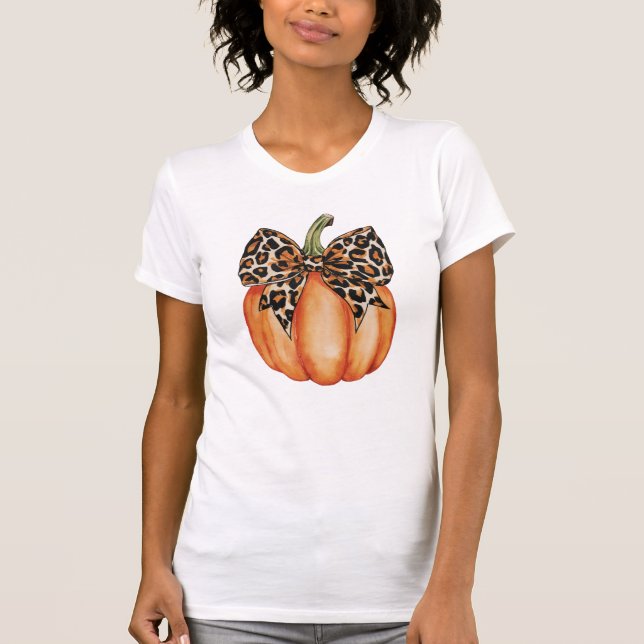 Fall Halloween Pumpkin Leopard Pattern Bow T-Shirt (Front)