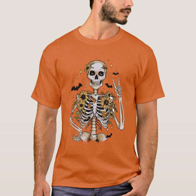 Fall Halloween Skeleton Orange T-Shirt (Front)