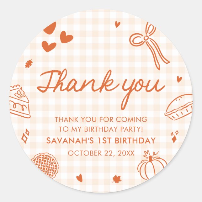 Fall Hand Drawn A Little Cutie Pie 1st Birthday Classic Round Sticker (Front)