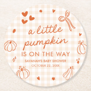 Fall Hand Drawn A Little Pumpkin Baby Shower Round Paper Coaster