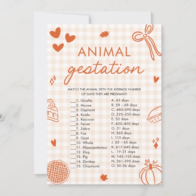 Fall Hand Drawn Animal Gestation Baby Shower Game Invitation (Front)