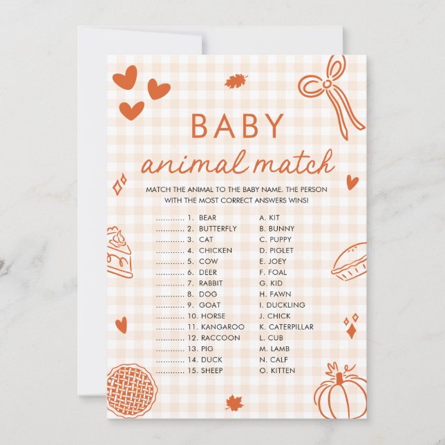 Fall Hand Drawn Baby Animal Match Baby Shower Game Invitation (Front)