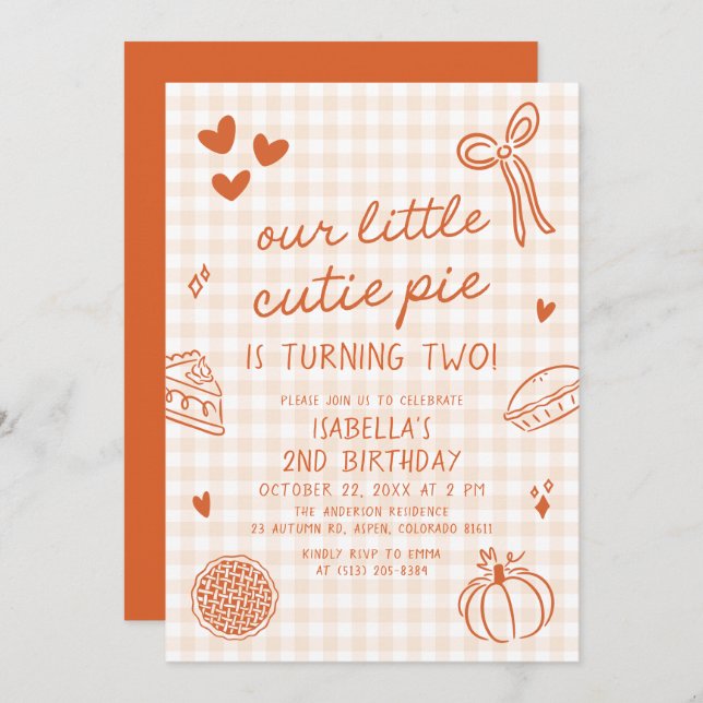 Fall Hand Drawn Our Little Cutie Pie 2nd Birthday Invitation (Front/Back)