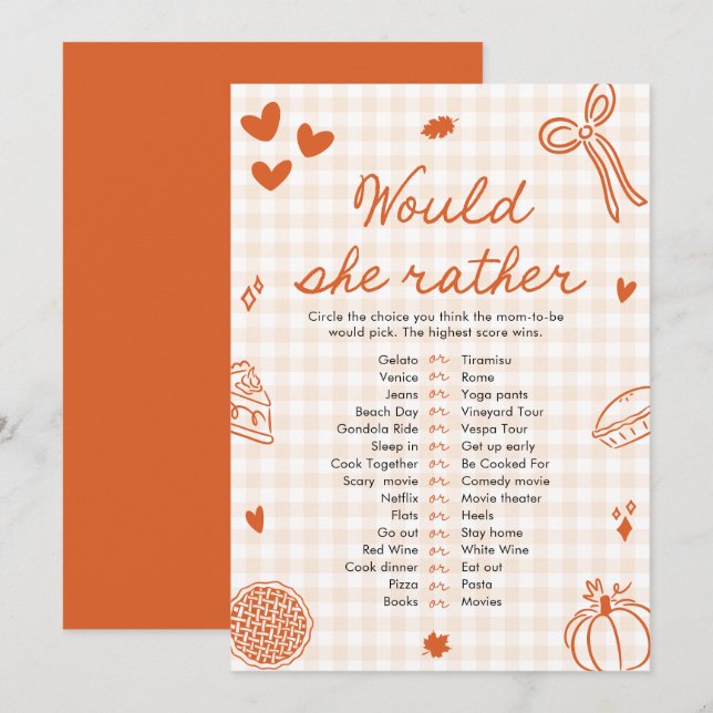 Fall Hand Drawn Would She Rather Baby Shower Game Invitation (Front/Back)