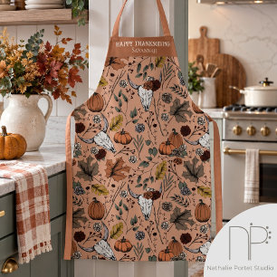 Fall Harvest Cow Skull Pumpkin Leaves Thanksgiving Apron