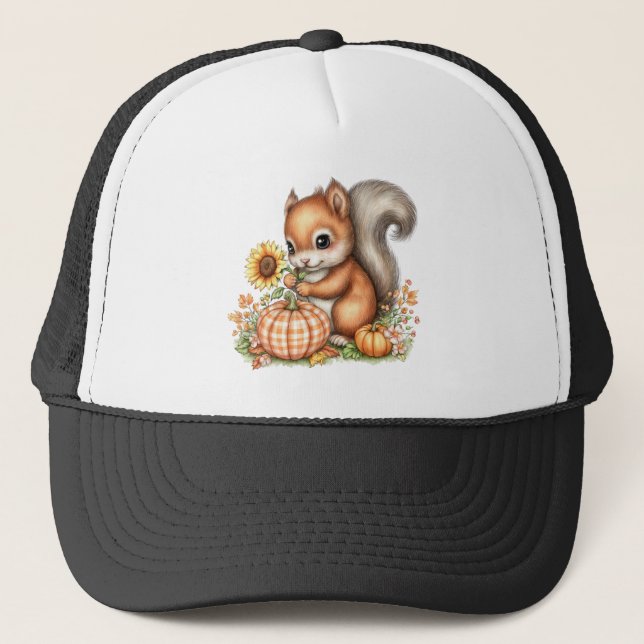 Fall Harvest Cute Baby Squirrel Trucker Hat (Front)
