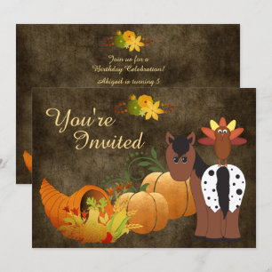 Fall Harvest, Cute Horse and Turkey Birthday Invitation