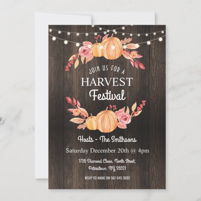 Fall Harvest Festival Pumpkin Wood Floral Invite (Front)