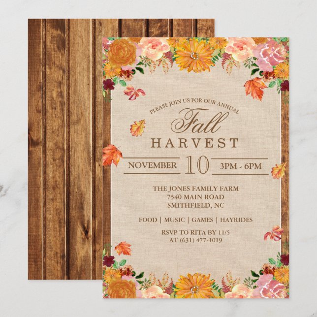 Fall Harvest Floral Autumn Invitation (Front/Back)