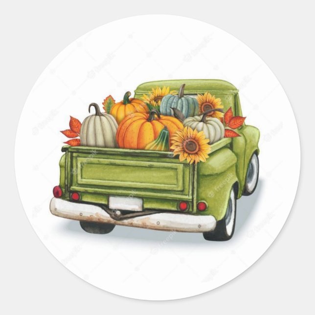 Fall Harvest In a Green Truck  Classic Round Stick Classic Round Sticker (Front)