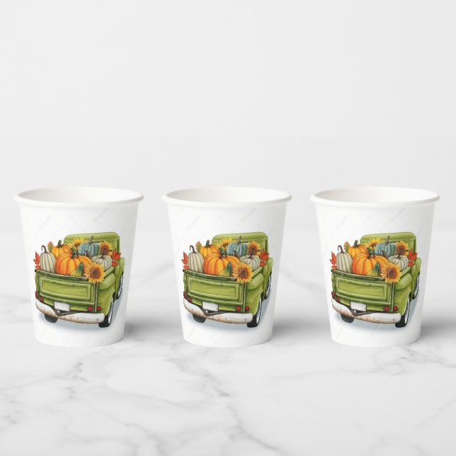 Fall Harvest in a Green Truck    Paper Cups (Multi)