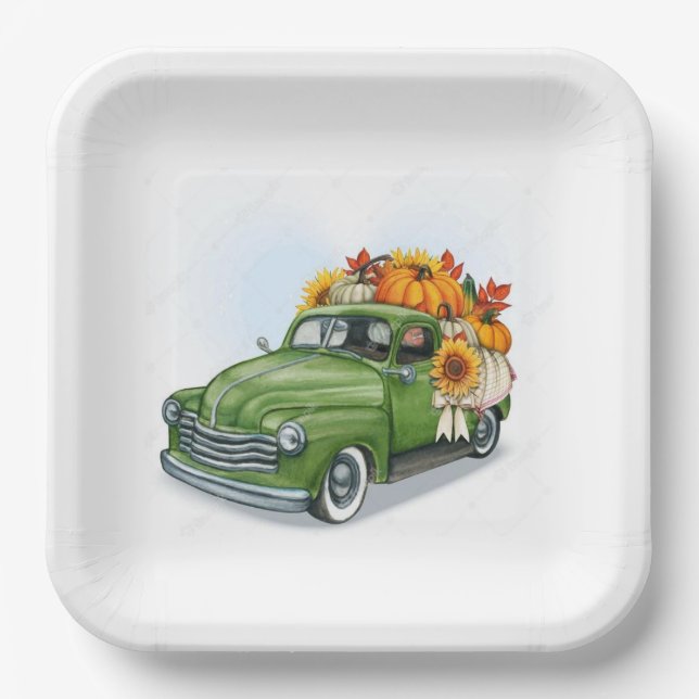 Fall Harvest In a Green Truck  Paper Plate (Front)