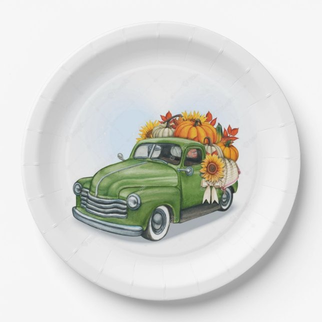 Fall Harvest In a Green Truck  Paper Plates (Front)
