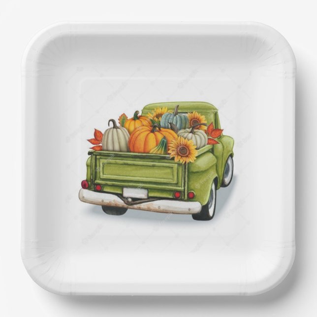 Fall Harvest In a Green Truck  Paper Plates (Front)