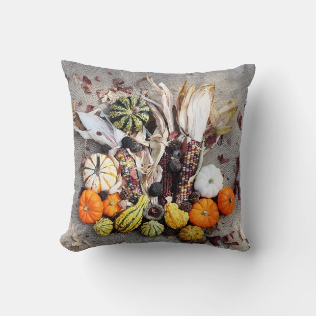 Fall Harvest on Burlap Throw Pillow (Front)