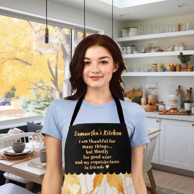Fall Harvest Orange Foliage Quote Personalised Apron (Fall Harvest Orange Foliage Personalized Quote Apron: add name and quote Thankful for wine & friends)