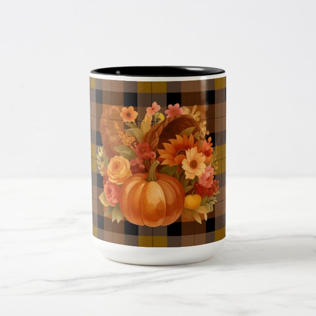 Fall Harvest Plaid With Seasonal Cornucopia  Two-Tone Coffee Mug (Center)