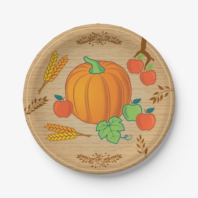 Fall Harvest Pumpkin Apple Wood Paper Plate (Front)