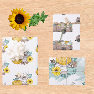 Fall Harvest Pumpkin Truck Pretty Autumn Wrapping Paper Sheet