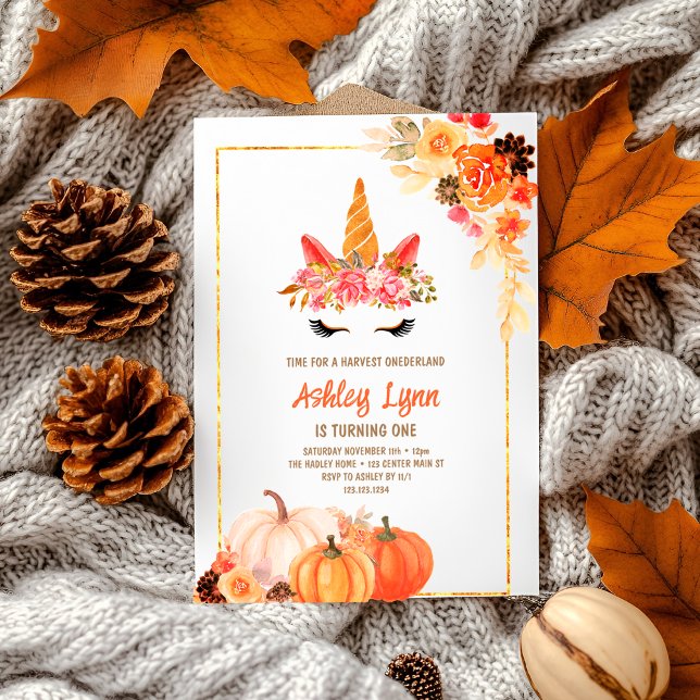Fall Harvest Pumpkin Unicorn 1st Birthday Invitation (Creator Uploaded)