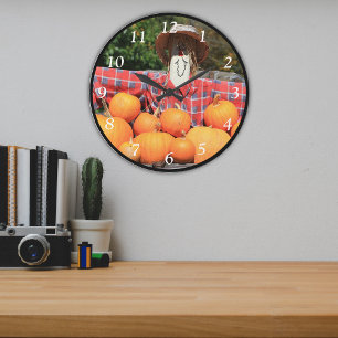 Fall Harvest Pumpkins and Happy Farm Scarecrow Large Clock